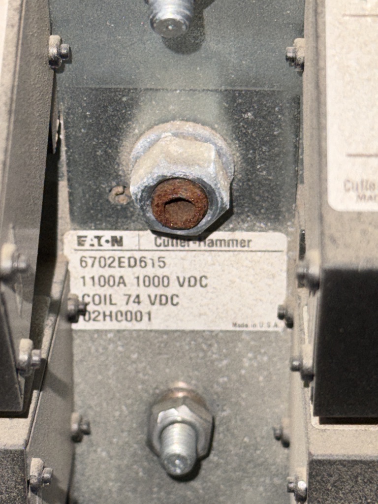 Eaton Cutler-Hammer 6702ED615 DC Power Contactor nameplate: 1100A, 1000VDC, 74VDC coil