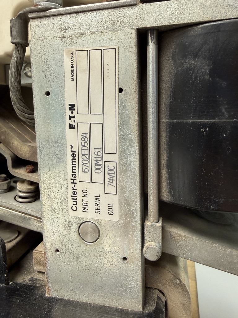 Eaton Cutler-Hammer 6702ED584 DC Power Contactor nameplate: 1800A, 74VDC coil